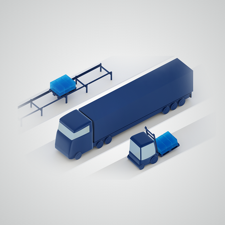 3D-Darstellung von einem LKW und einem Transportband